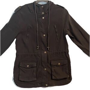 Eden Society Women’s Hooded Cargo Jacket Field Pockets Zip Snaps Dark Grey Small